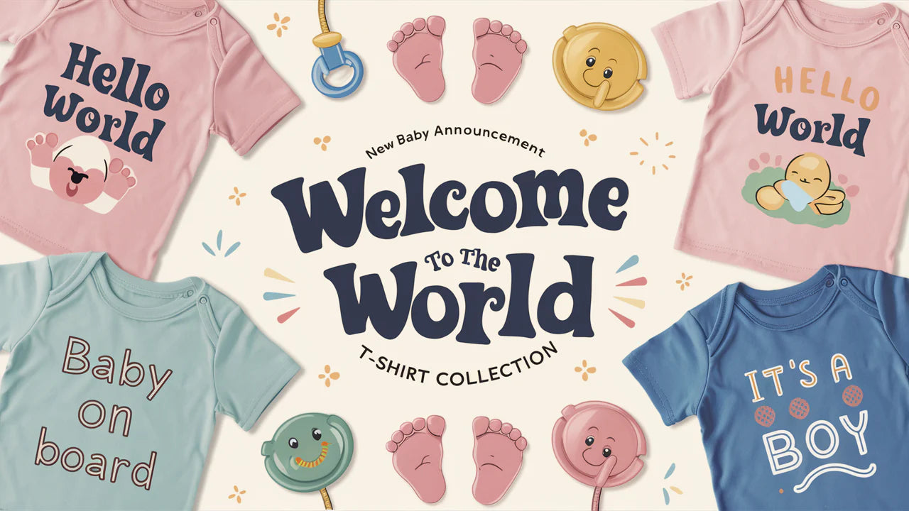 This image features a selection of baby announcement w baby. t-shirts with adorable and playful designs, perfect for celebrating the arrival of a ne