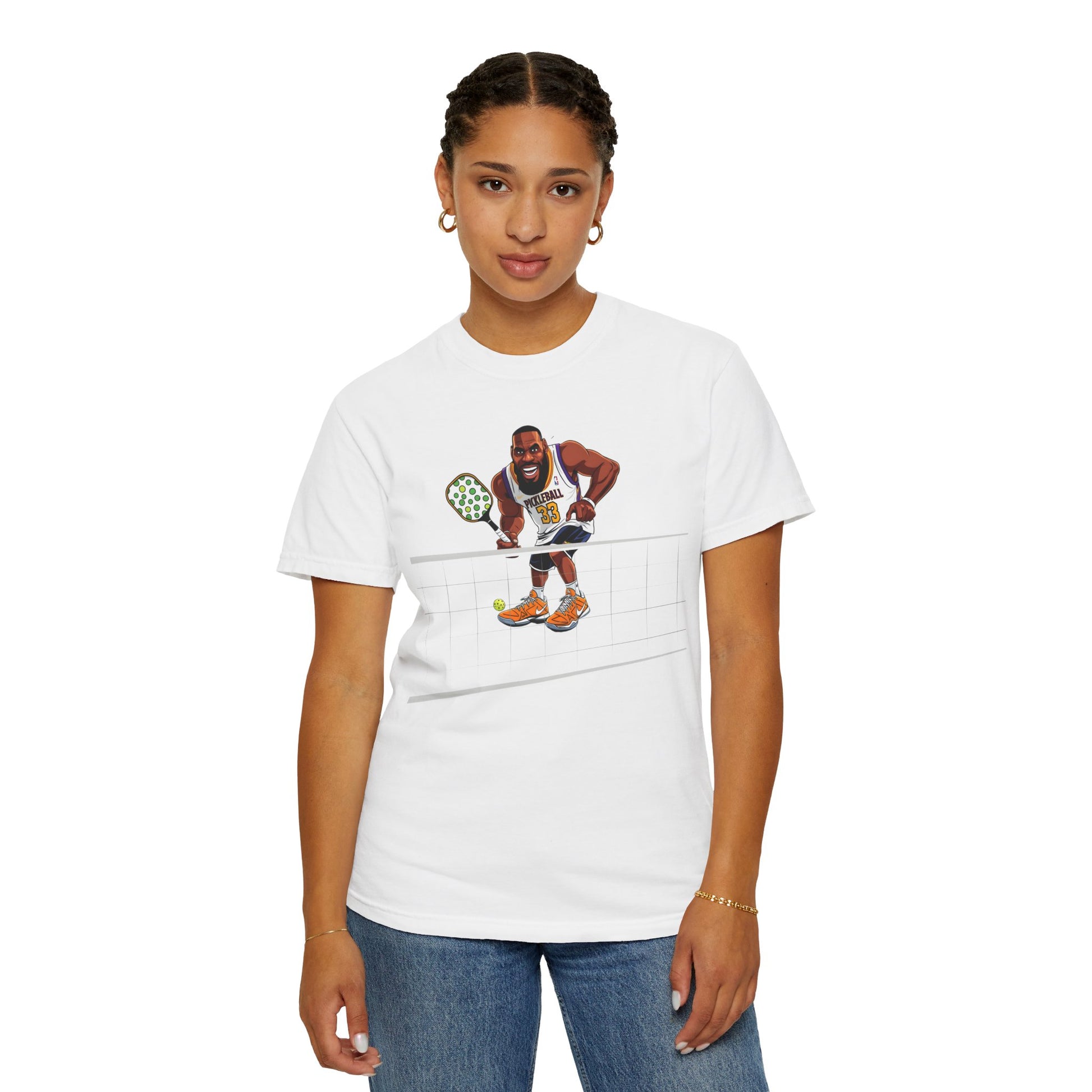 White t-shirt featuring a humorous graphic of a basketball player surprised by pickleball, with the text "Bruh, Pickleball?!