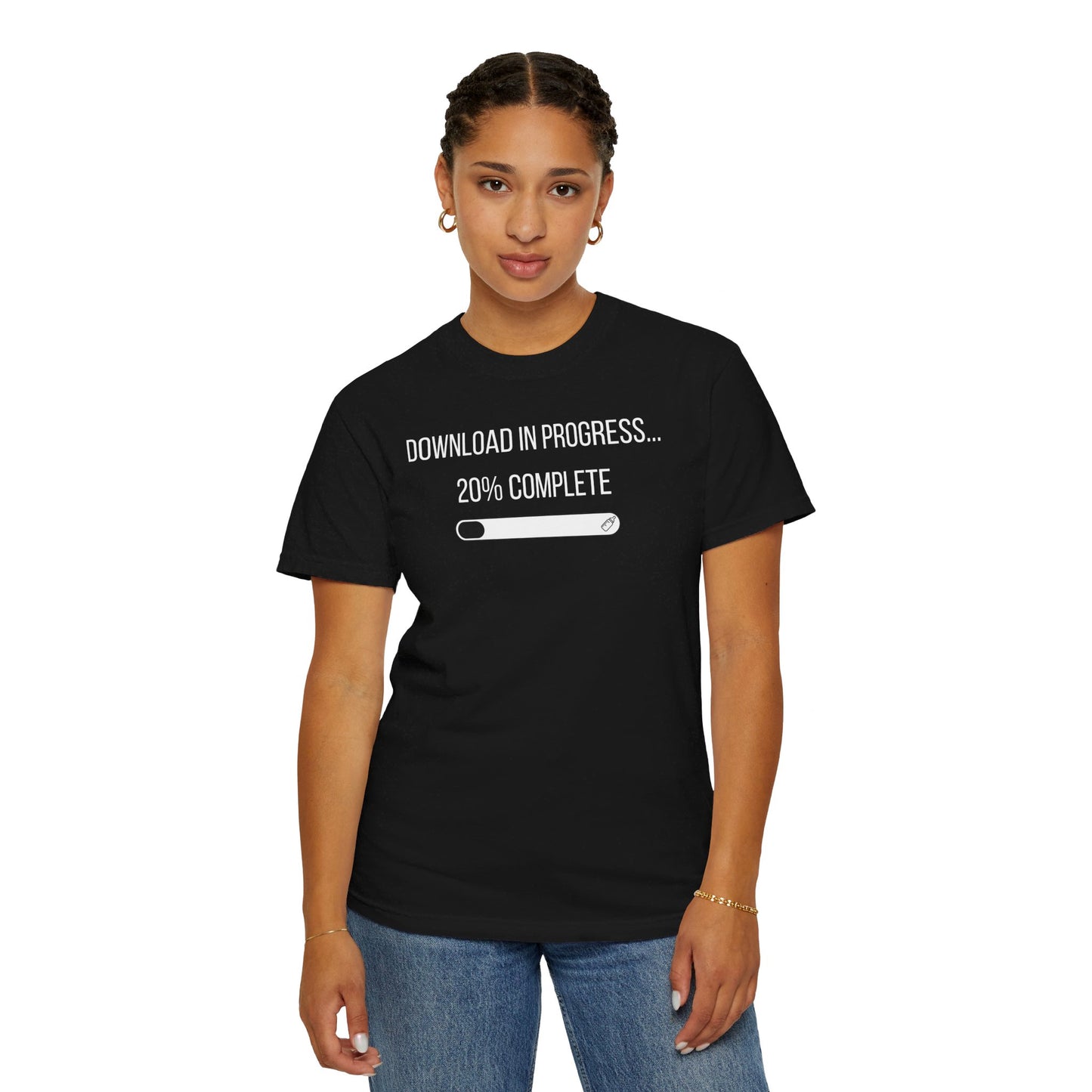 Black t-shirt with the text "Download in Progress... 20% Complete" featuring a playful download progress bar graphic.