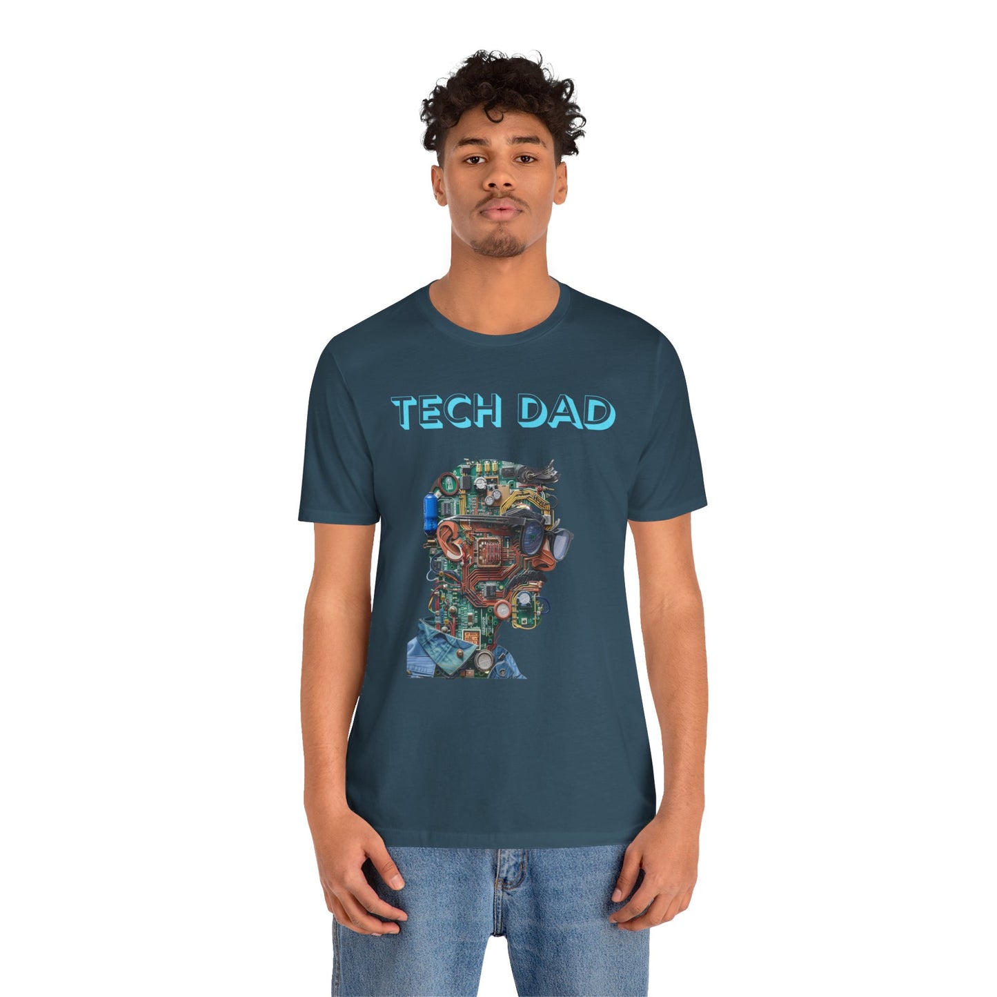 T-shirt with a bold 'Tech Dad' design, featuring a vibrant circuit board graphic, perfect for tech-savvy dads.