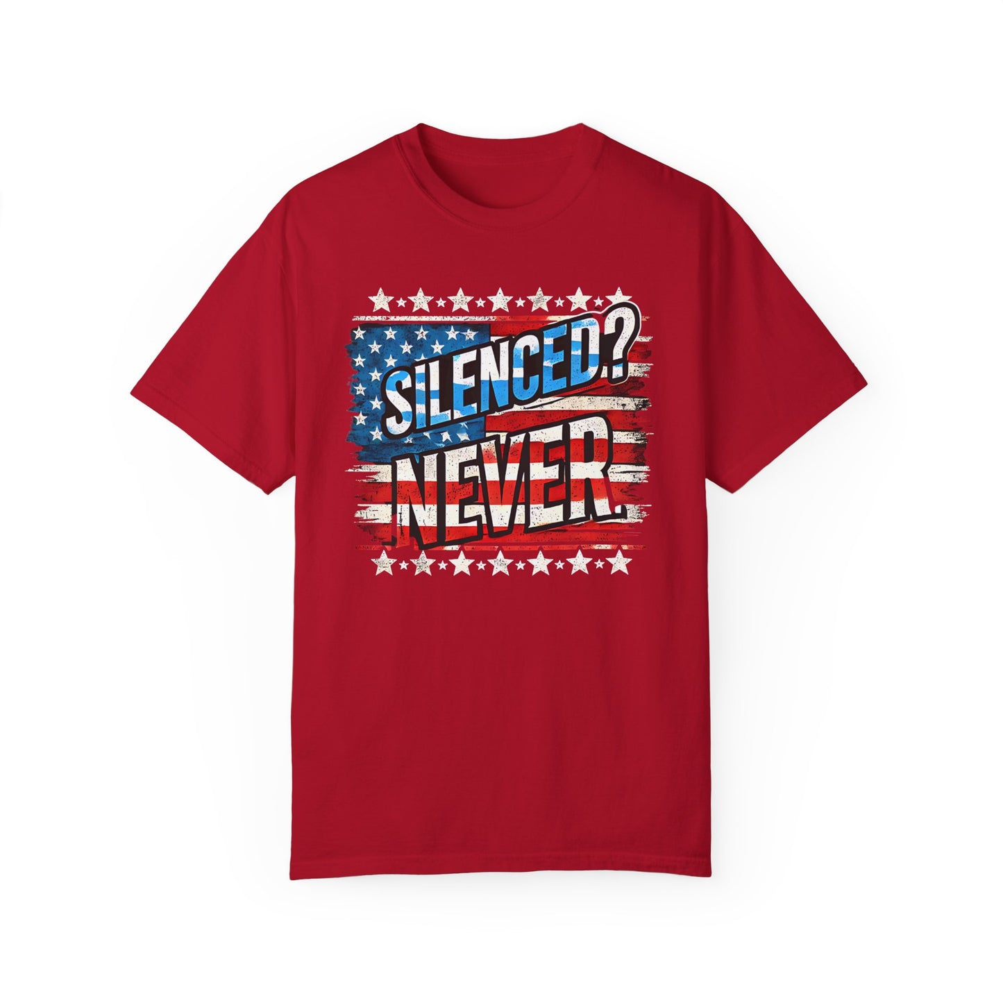 Silenced? Never. Patriotic T-Shirt with Vintage American Flag Design