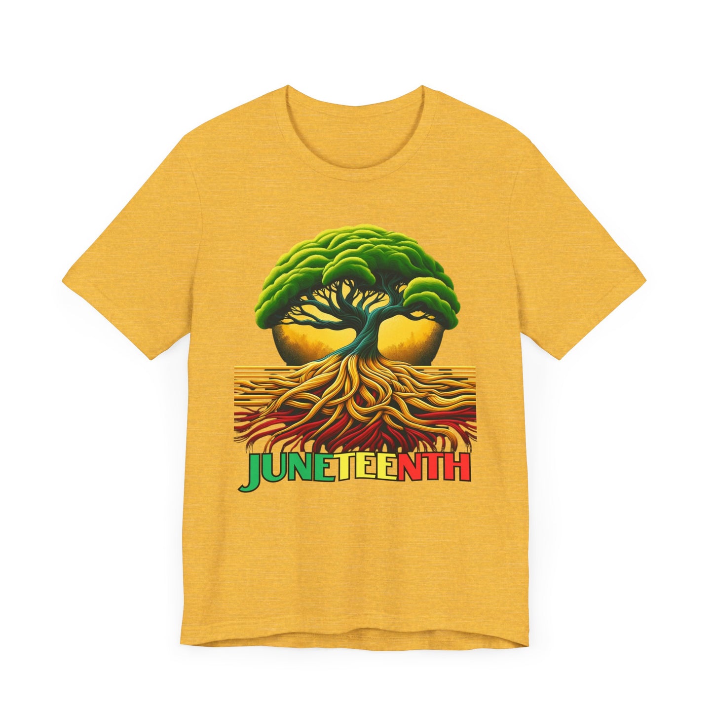 Bold 'Juneteenth Roots' Celebration Shirt featuring a vibrant tree with deep roots symbolizing strength and resilience, perfect for celebrating heritage and Black history.