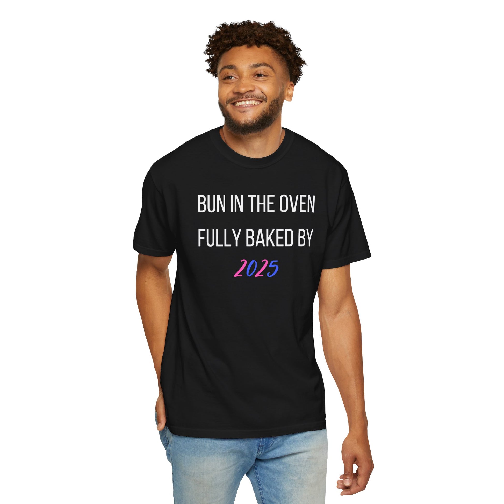 Black t-shirt with the text "Bun in the Oven Fully Baked by 2024" in a playful and stylish font.