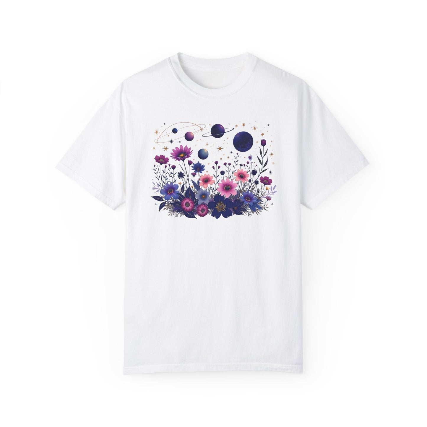 Cosmic Floral Unisex Garment-Dyed T-Shirt - Perfect for Nature Lovers & Stargazers