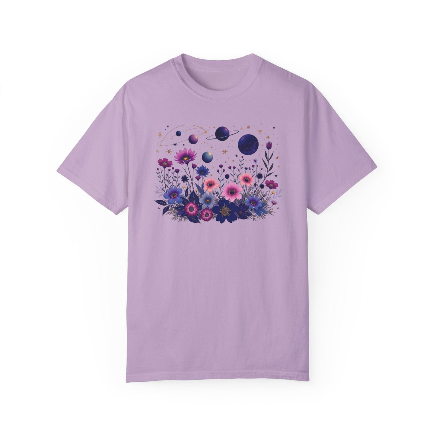 Cosmic Floral Unisex Garment-Dyed T-Shirt - Perfect for Nature Lovers & Stargazers