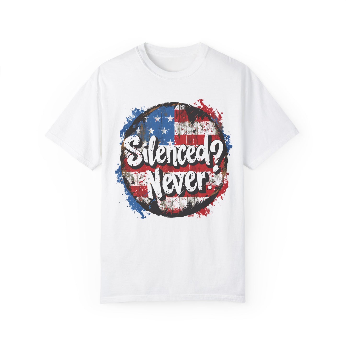 Silenced? Never. Patriotic T-Shirt with Vintage American Flag Design