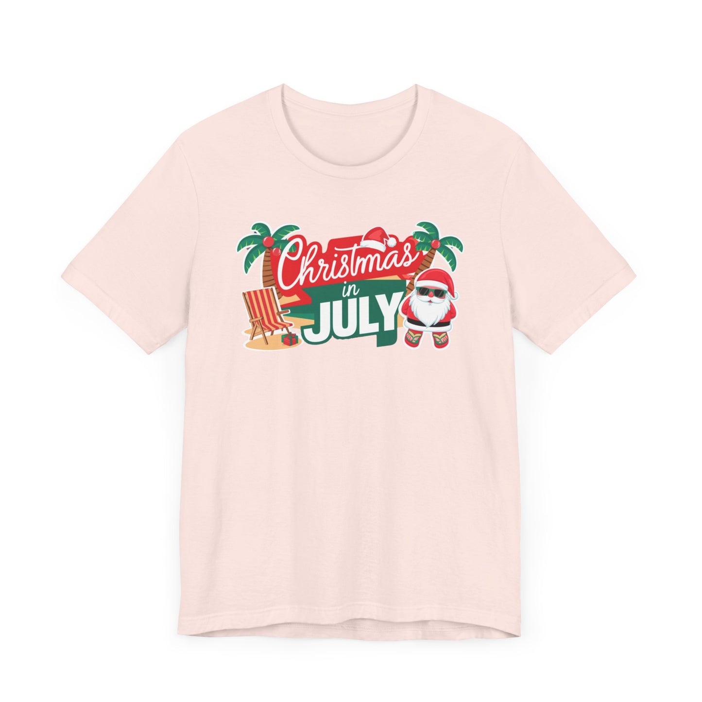 Tropical-themed t-shirts featuring the text "Christmas in July" with festive elements like palm trees, beach chairs, and a Santa.