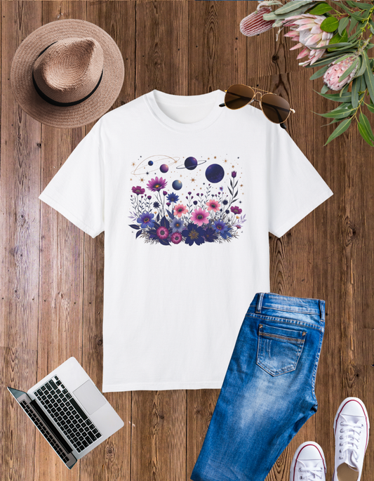 Cosmic Floral Unisex Garment-Dyed T-Shirt - Perfect for Nature Lovers & Stargazers