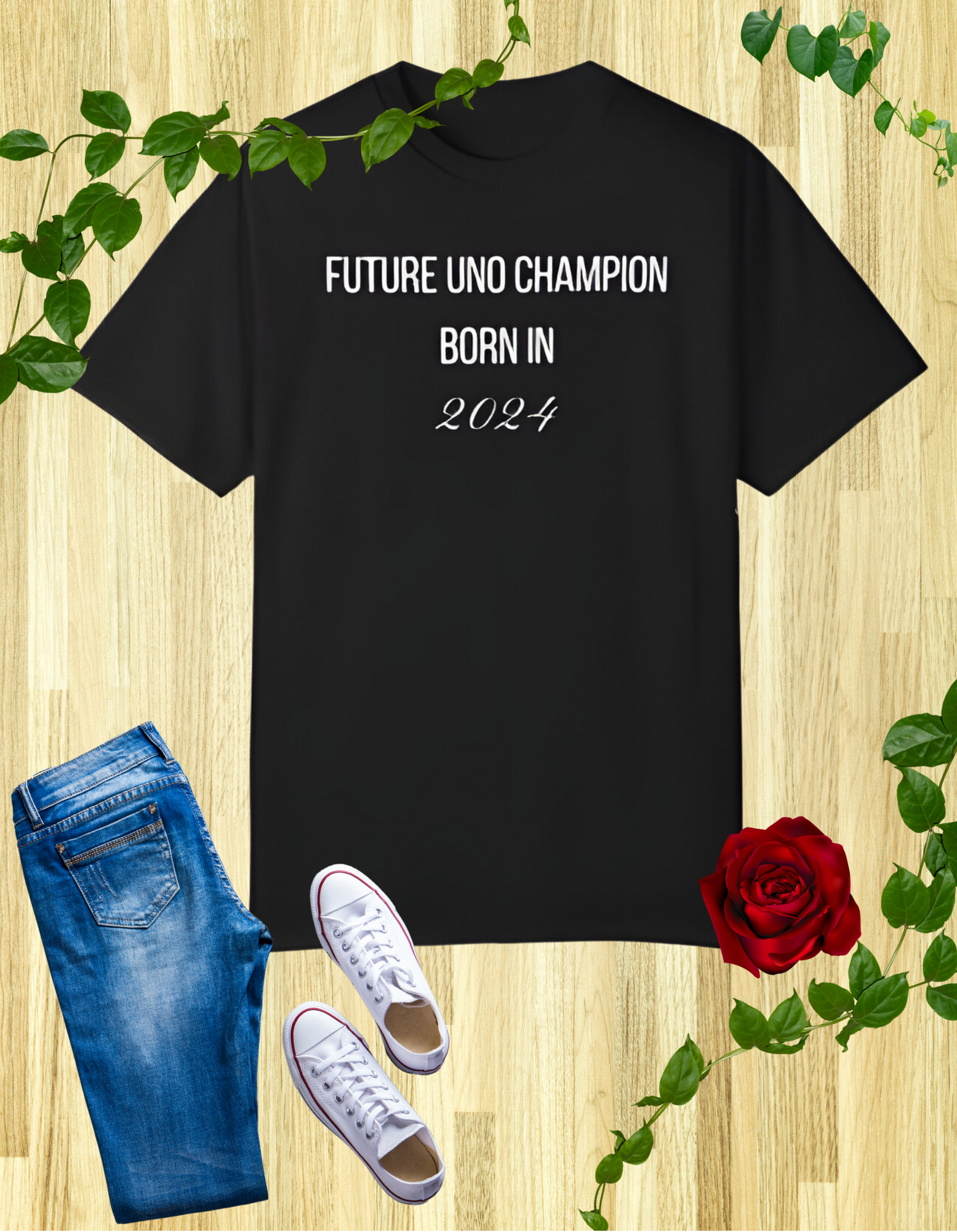 Black t-shirt with the text "Future UNO Champion Born in 2024" in a stylish, playful font.