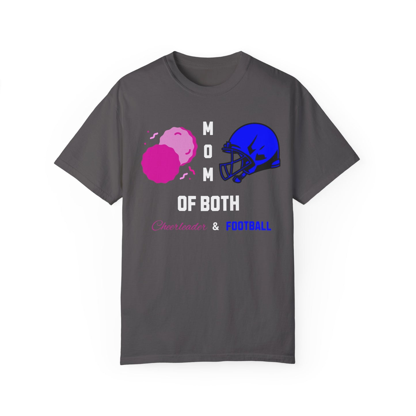 Mom of Both t-shirt featuring ballet slippers and basketball / cheerleading pom-poms and football helmet design