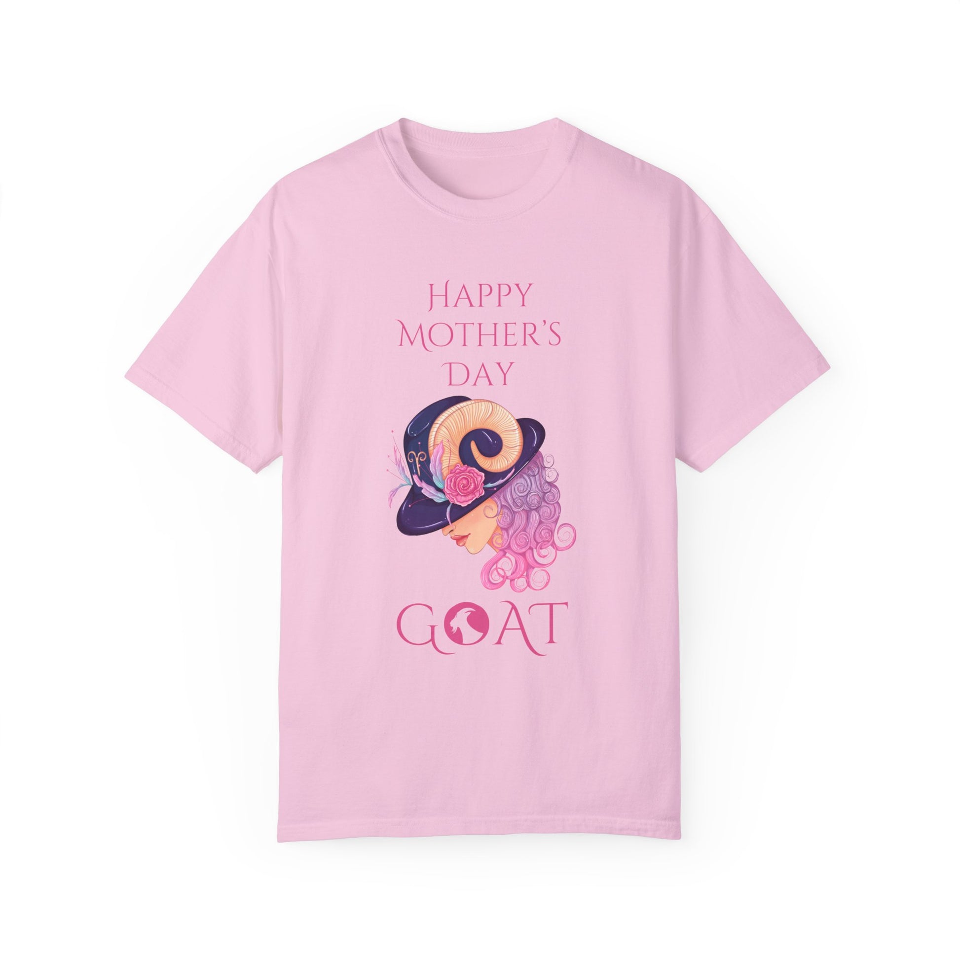 Mother's Day 'GOAT' tee in pastel hues, featuring playful 'Greatest Of All Time' typography intertwined with a whimsical illustration, perfect for celebrating Mom's endless love and strength.