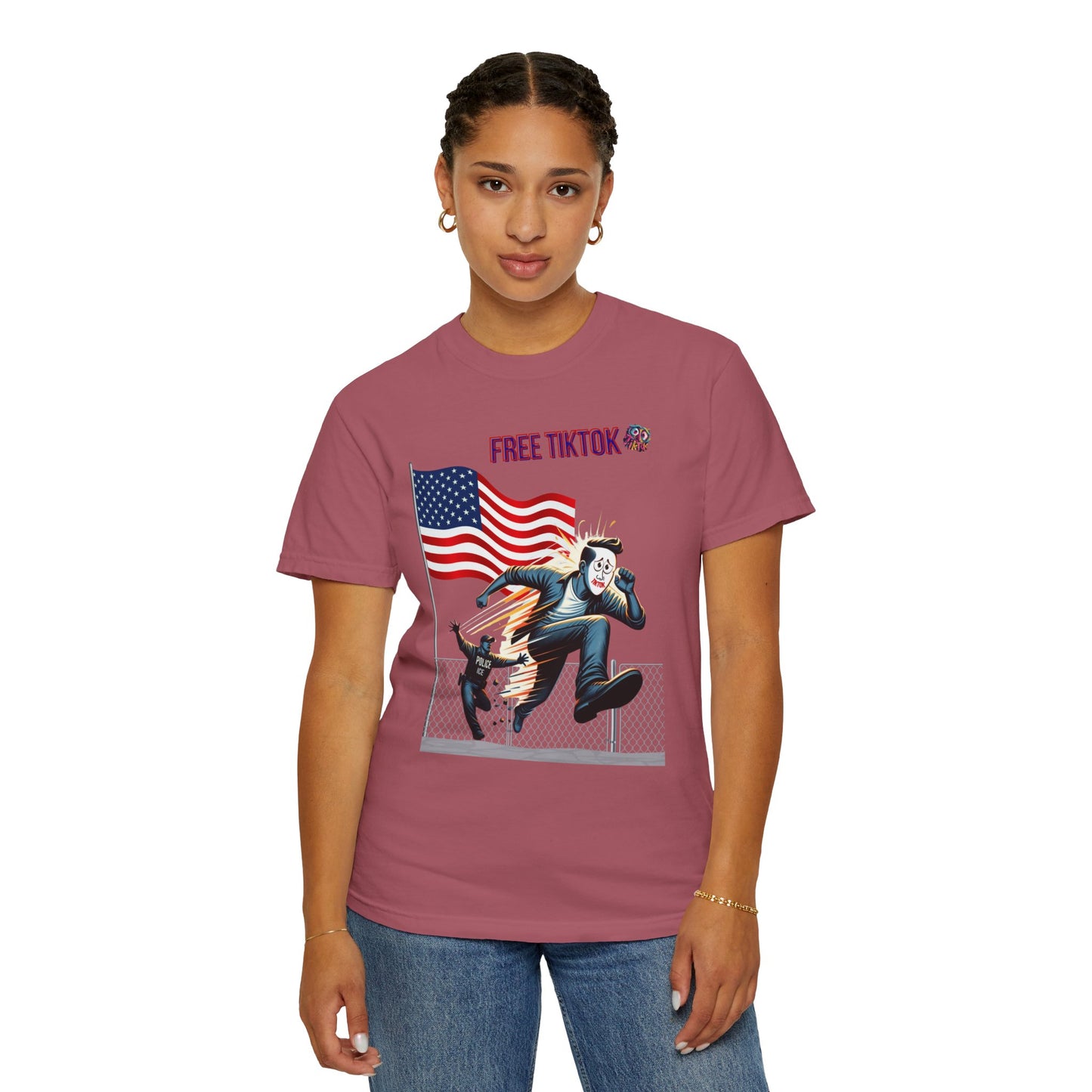 Rebellious "Free TikTok" vintage graphic tee featuring a masked figure escaping over a fence with the American flag in the background, perfect for making a bold and humorous statement with style.