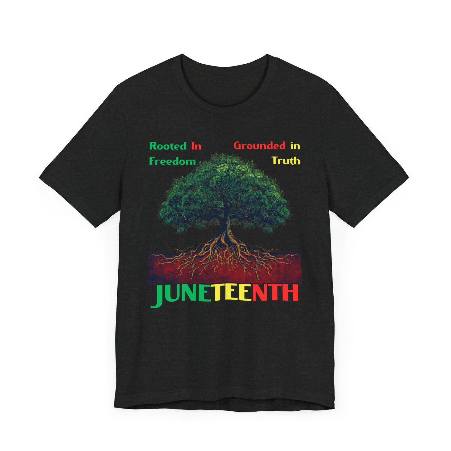 Empowering 'Rooted in Freedom' Juneteenth shirt featuring a majestic tree with roots symbolizing strength and resilience, perfect for celebrating heritage and Black history.