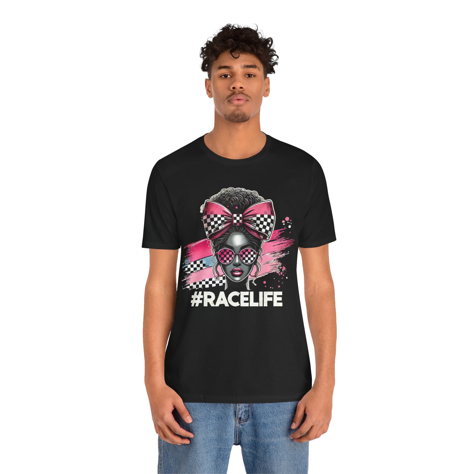 Black t-shirt with a stylish woman in checkered bow and sunglasses, pink brushstroke background, text "#RaceLife."