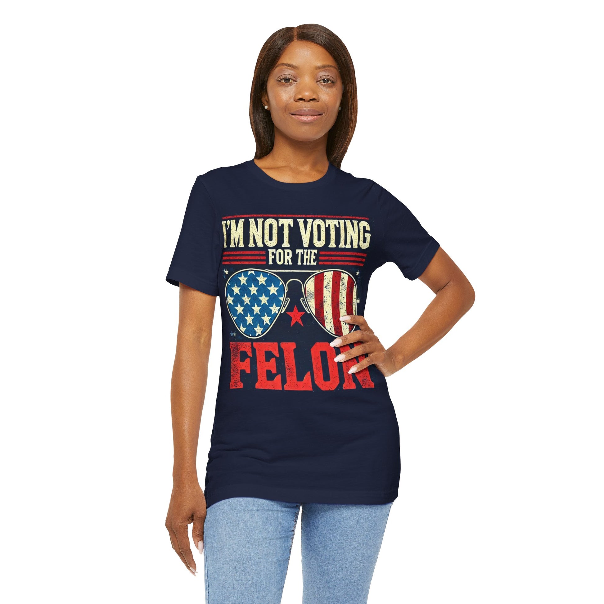 T-Shirts featuring the text "I'm Voting for the Convicted Felon" with patriotic American flag sunglasses design.