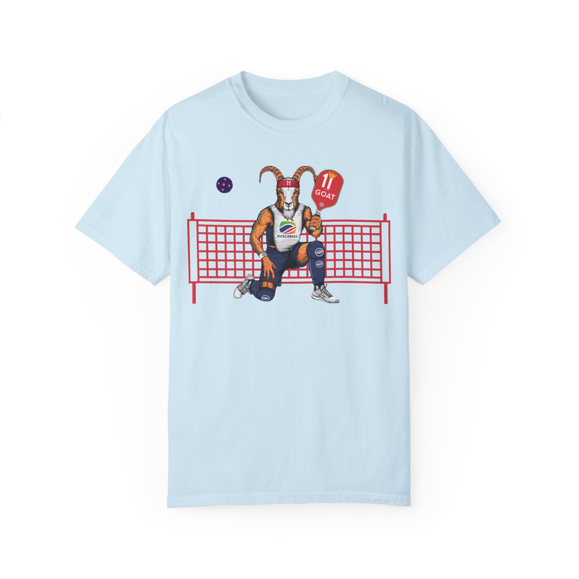 Pickleball Goat Greatest of All Times t-shirt with a cartoon goat dressed as a pickleball champion.