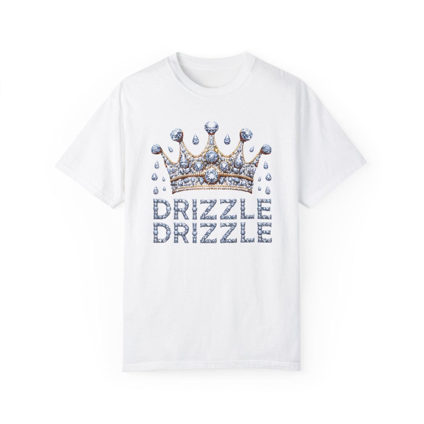 'Drizzle Drizzle' themed t-shirts showcasing a blend of royal crown imagery and modern slang, perfect for a relaxed yet stylish look.