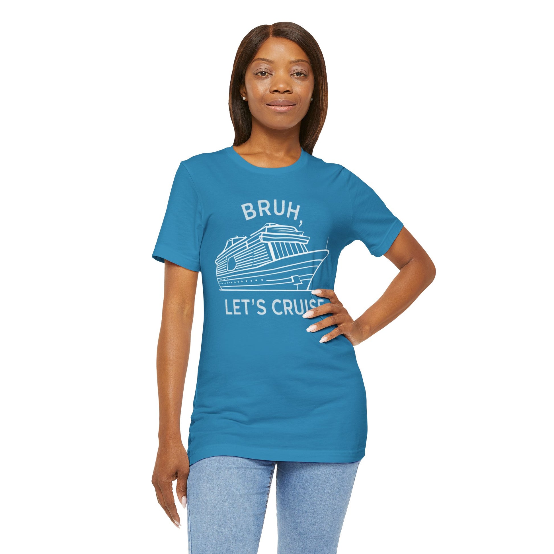 Funny 'Bruh, Let's Cruise' t-shirt with cruise ship graphic, perfect for cruise enthusiasts and vacation travelers.