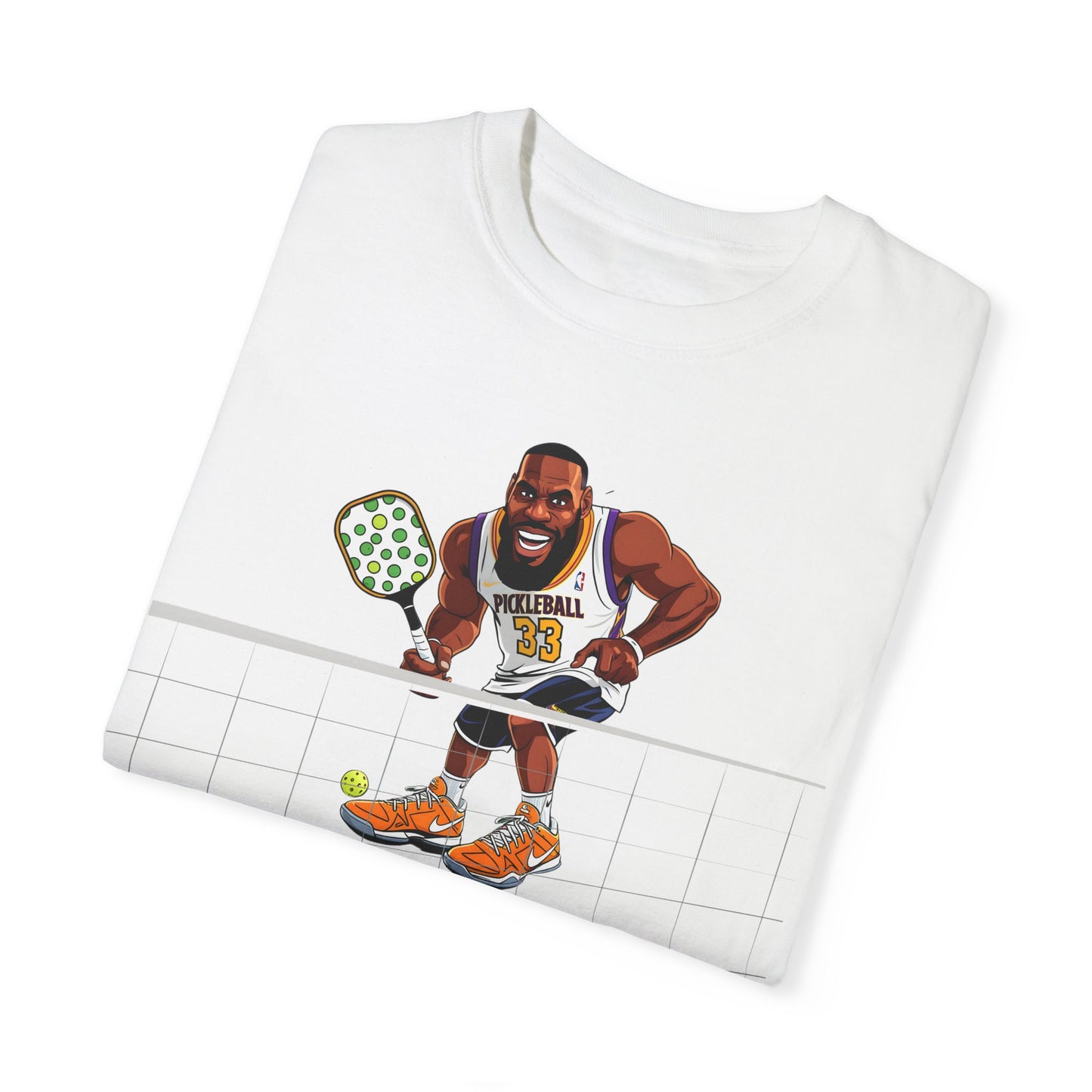 White t-shirt featuring a humorous graphic of a basketball player surprised by pickleball, with the text "Bruh, Pickleball?!