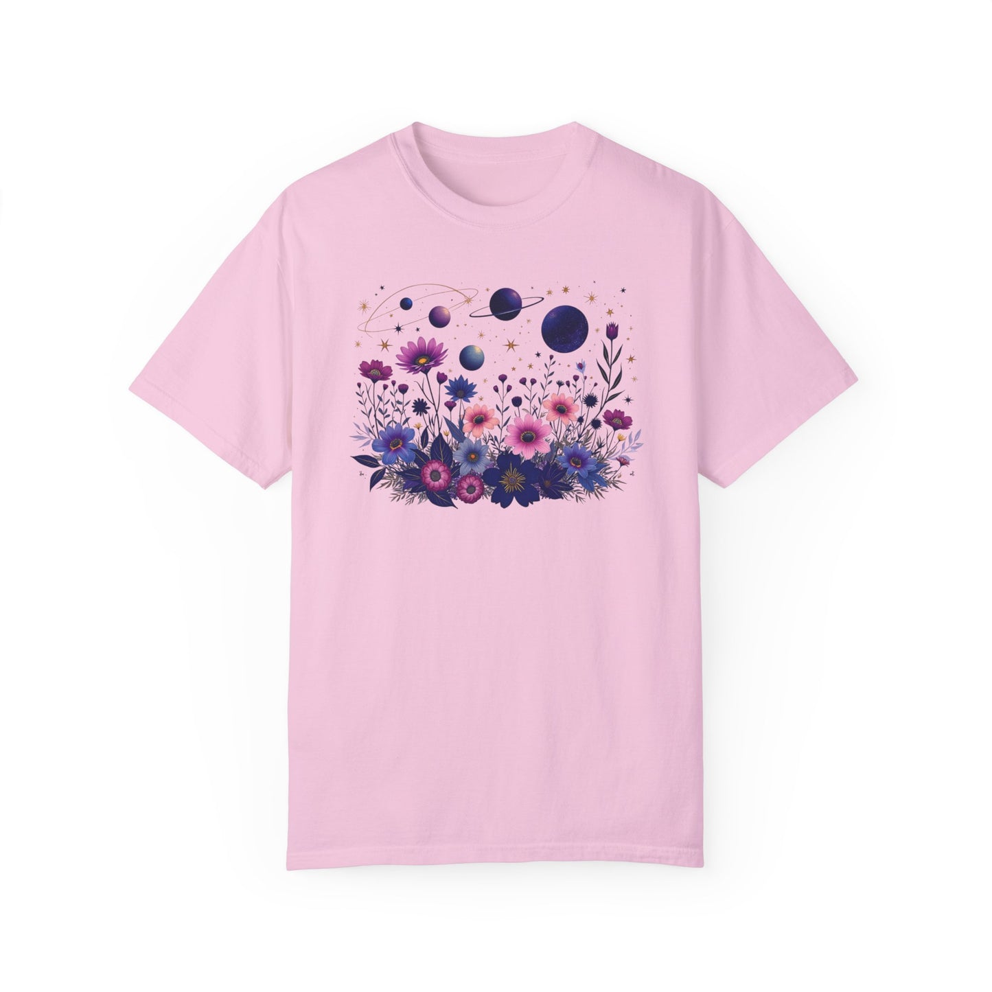 Cosmic Floral Unisex Garment-Dyed T-Shirt - Perfect for Nature Lovers & Stargazers