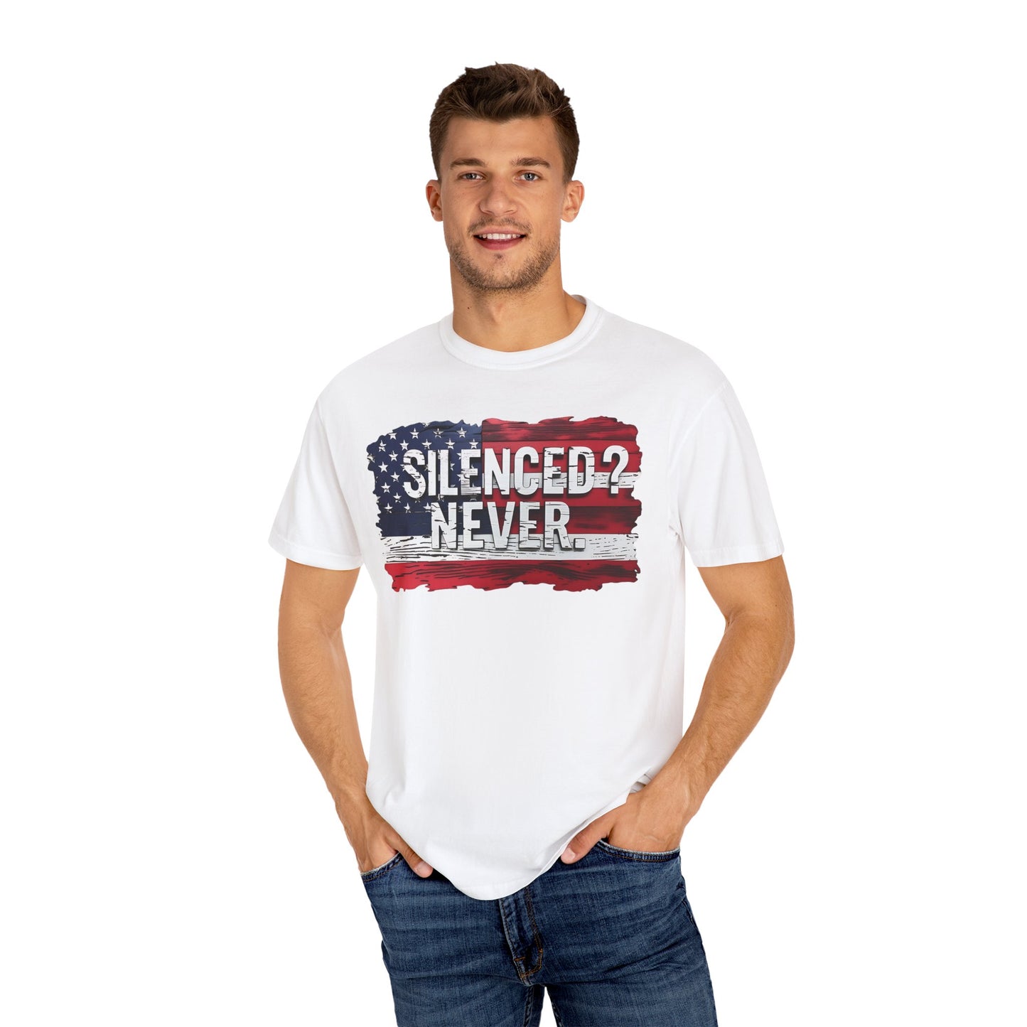 Silenced? Never. Patriotic T-Shirt with Vintage American Flag Design