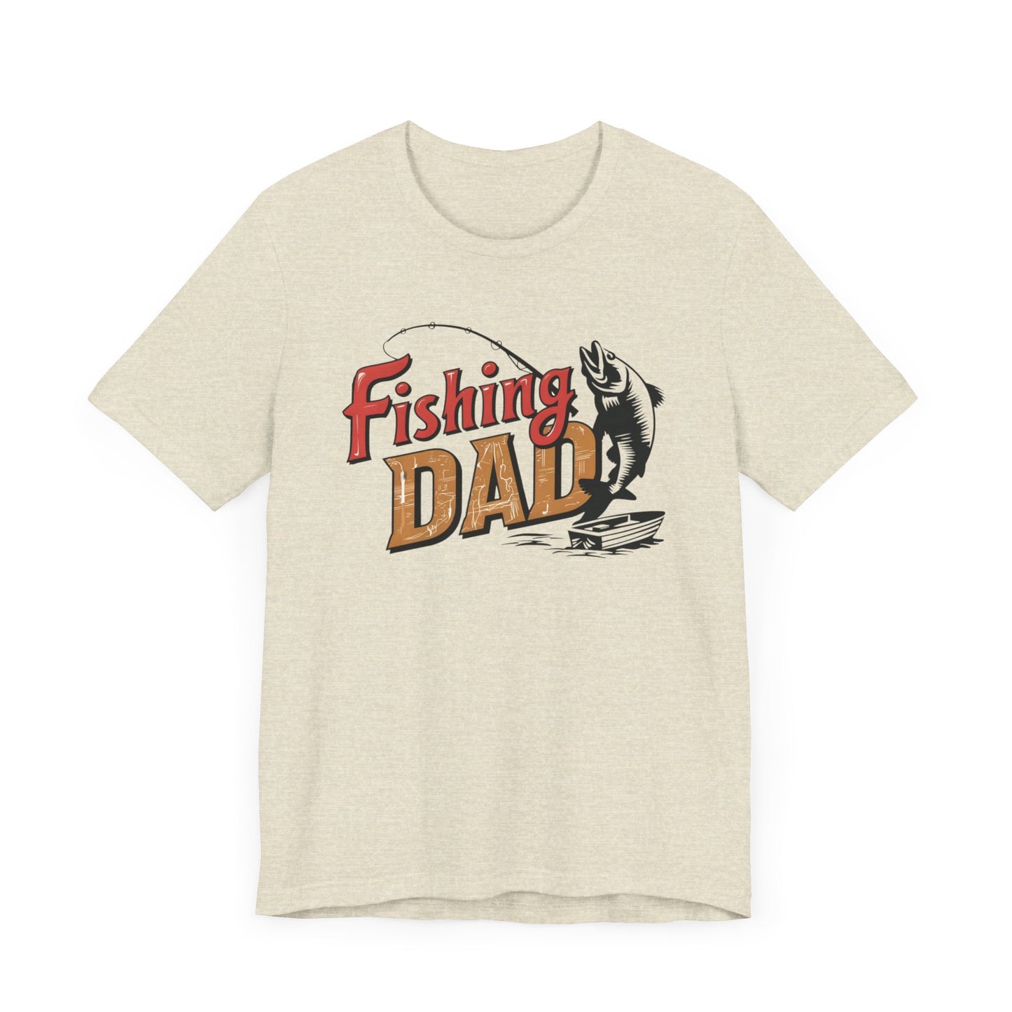 GOAT Dad Fishing T-Shirt featuring a silhouette of a dad fishing with the text 'GOAT' and a colorful fish design, perfect gift for dads who love fishing.