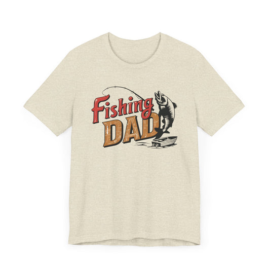 GOAT Dad Fishing T-Shirt featuring a silhouette of a dad fishing with the text 'GOAT' and a colorful fish design, perfect gift for dads who love fishing.