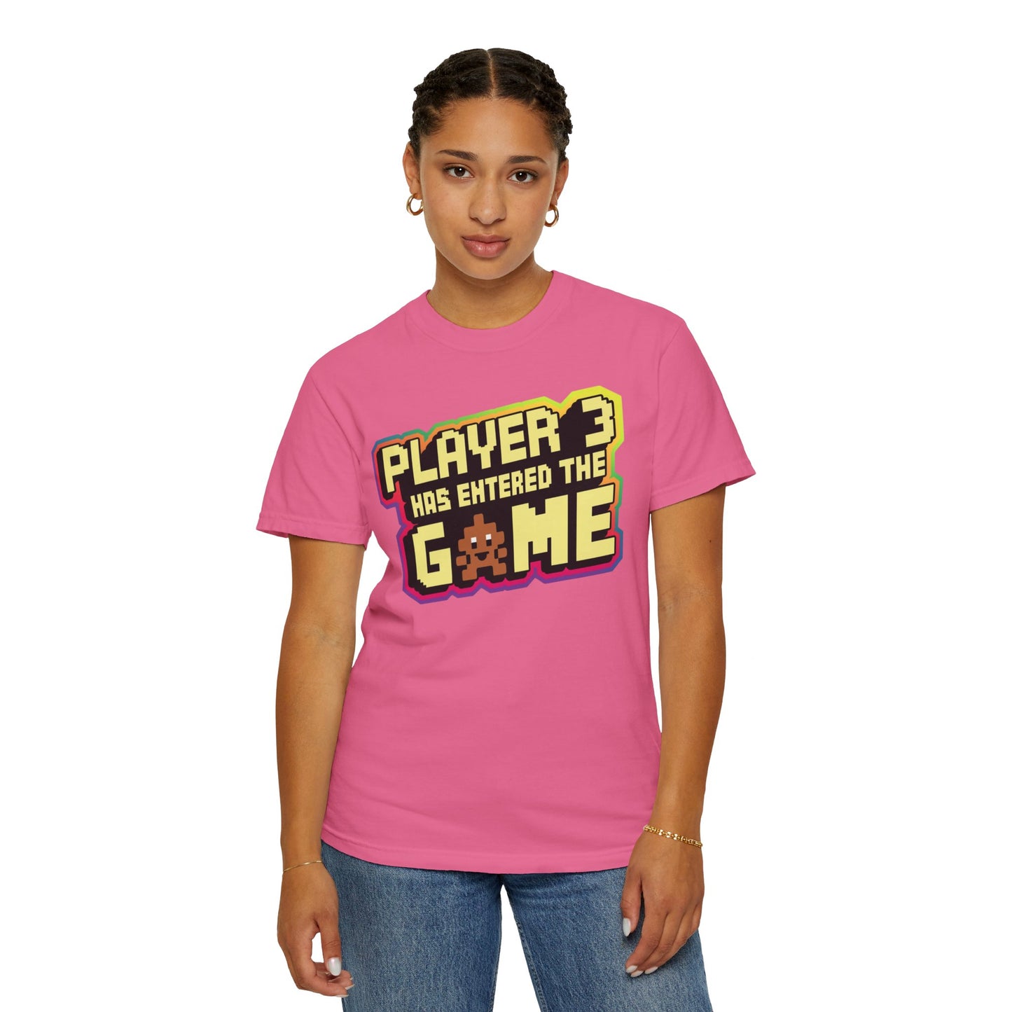 Multi-colored t-shirts featuring the text "Player 3 Has Entered the Game" in a retro gaming design.