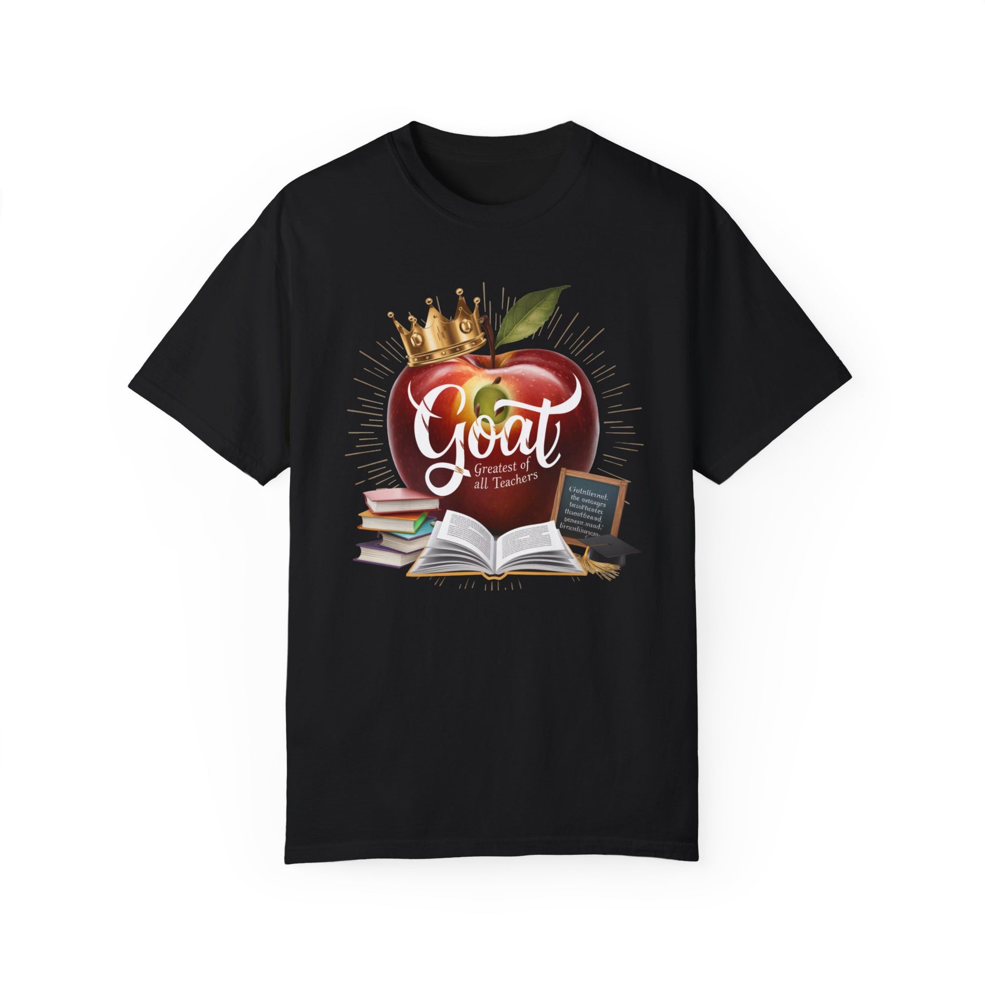 Greatest of All Teachers t-shirt featuring a crown on an apple and books, perfect end-of-year gift for educators.