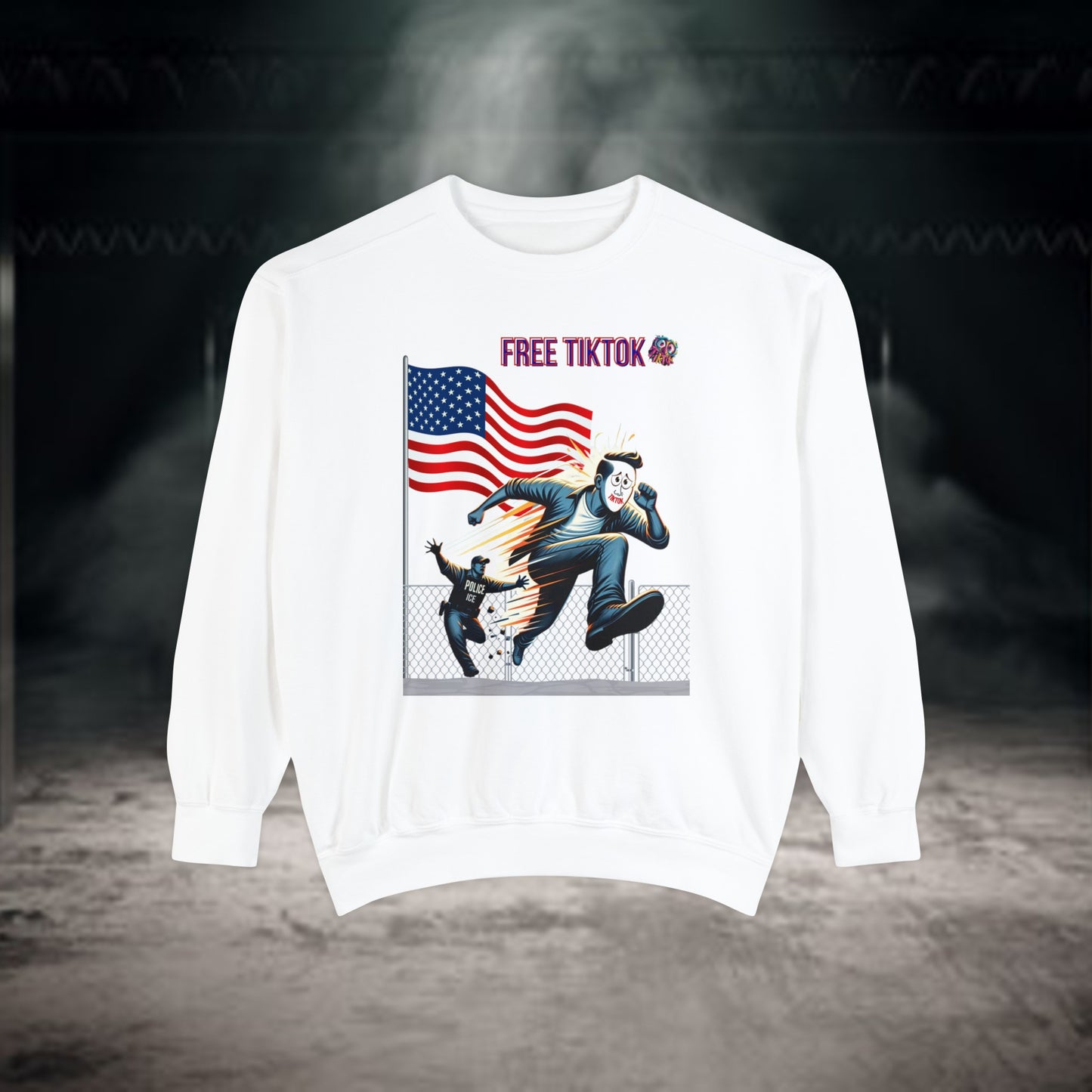 Bold "Free TikTok" vintage graphic sweatshirt featuring a dynamic illustration of a rebellious figure escaping over a fence with the American flag in the background, perfect for making a statement with style.