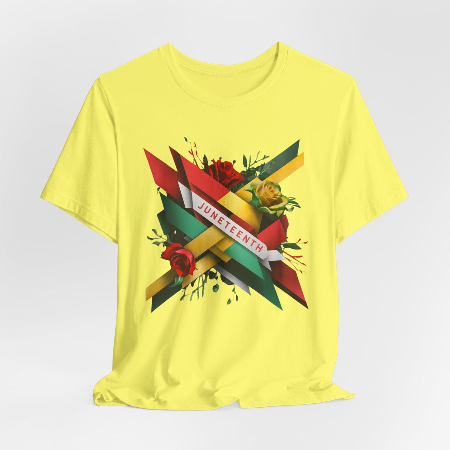 Vibrant Juneteenth Designed Shirt featuring a dynamic flag pattern with bold colors and blooming roses, perfect for celebrating freedom and Black history.