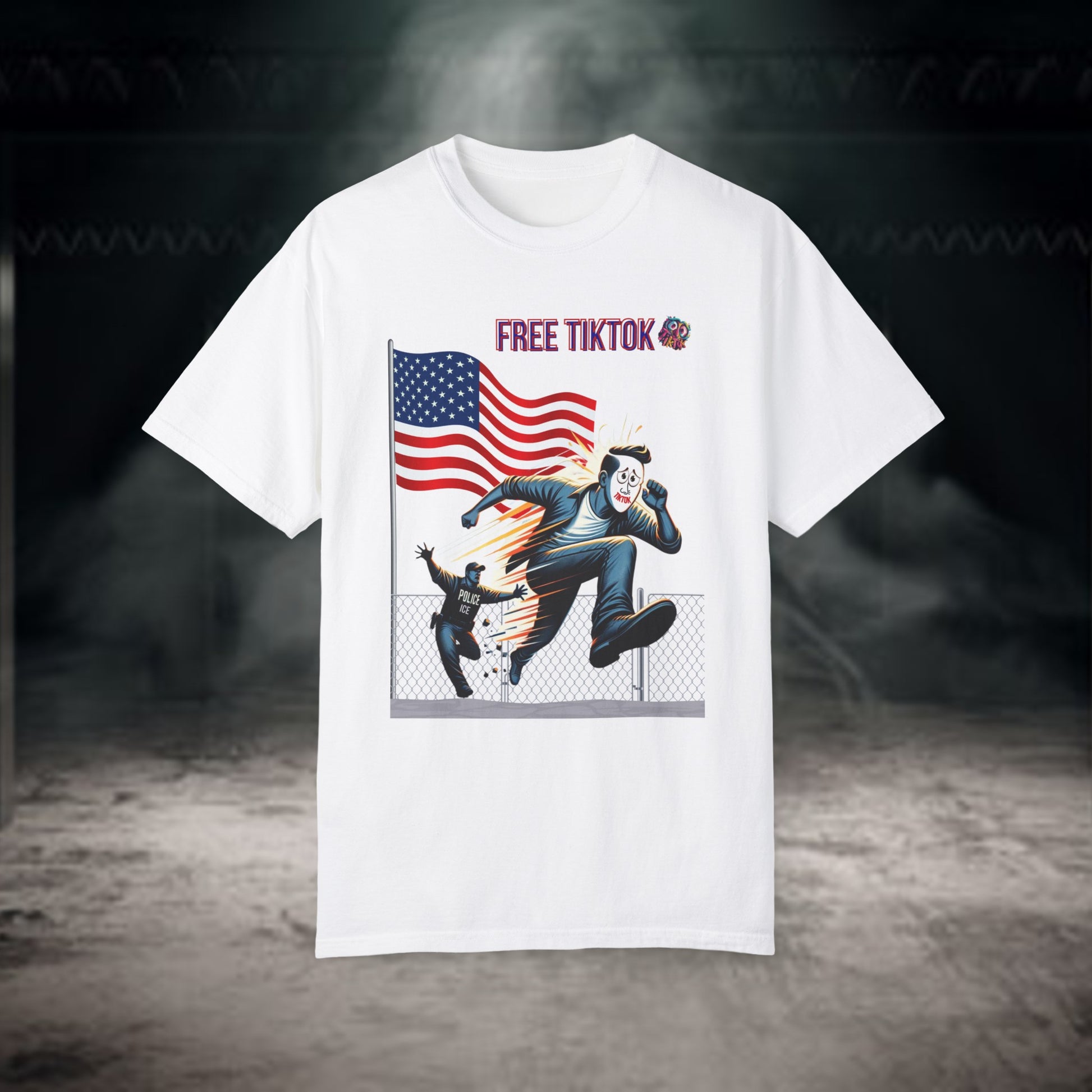 Rebellious "Free TikTok" vintage graphic tee featuring a masked figure escaping over a fence with the American flag in the background, perfect for making a bold and humorous statement with style.