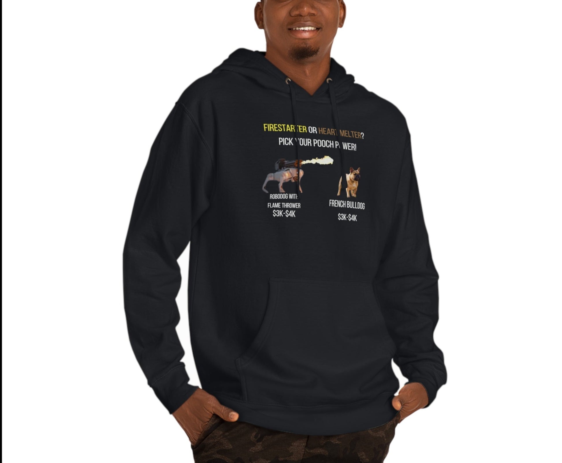 Unique "Pooch Power" dog lover hoodie featuring a fun design with a Robodog with a flamethrower and a French Bulldog, perfect for expressing your love for dogs with style and humor.