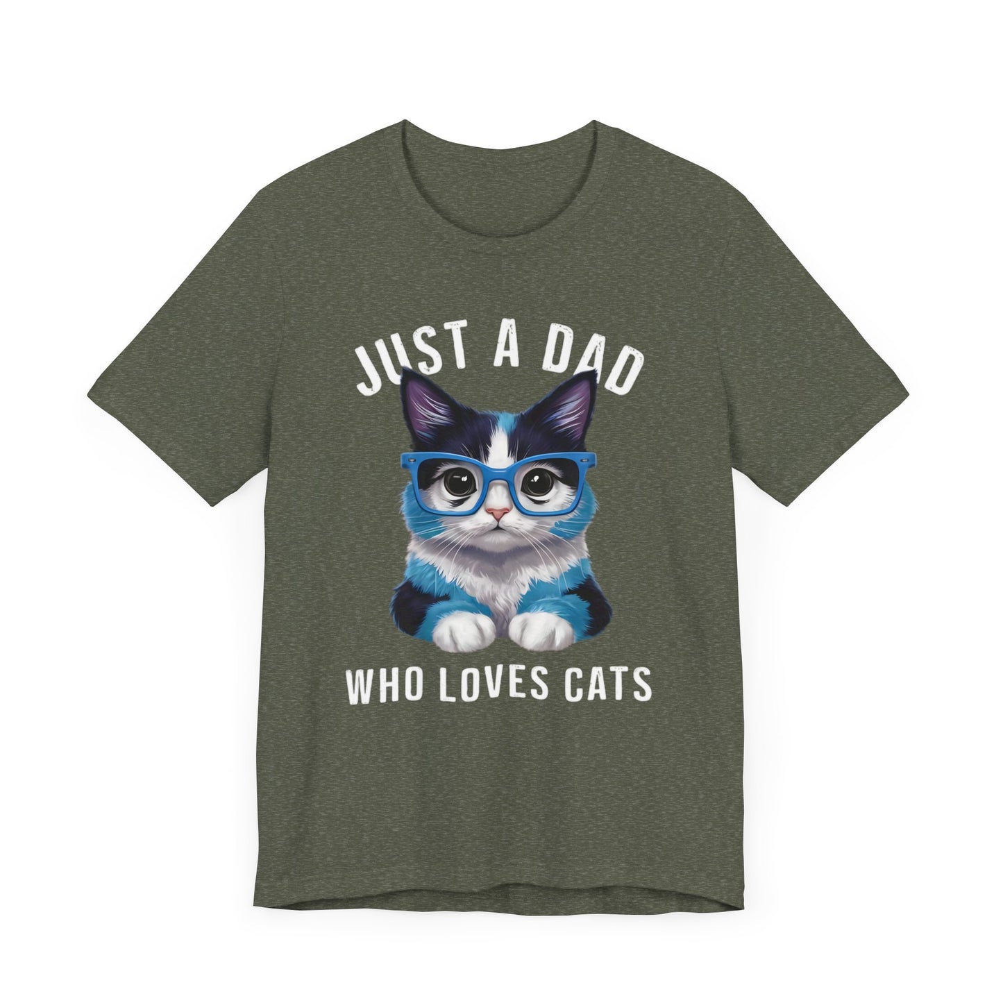 Just a Dad Who Loves Cats t-shirt featuring a cute cat graphic, perfect for dads who love cats.