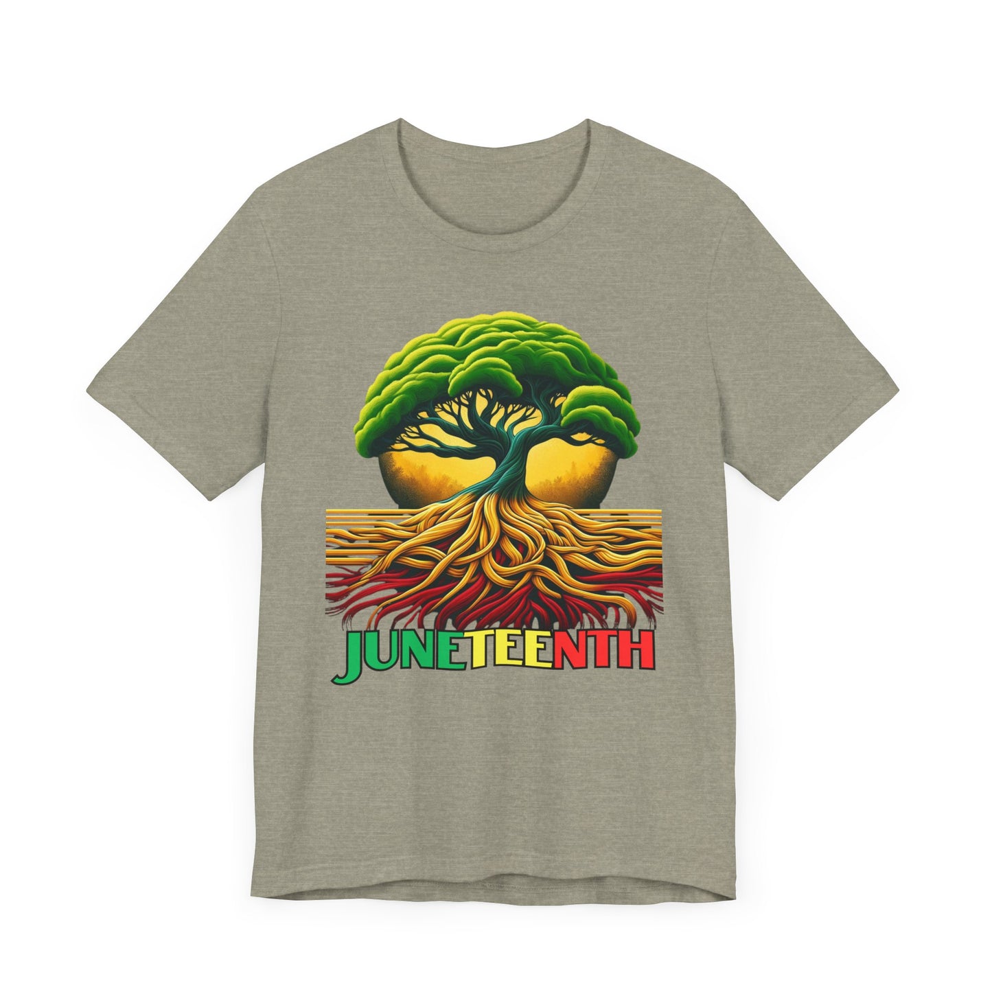 Bold 'Juneteenth Roots' Celebration Shirt featuring a vibrant tree with deep roots symbolizing strength and resilience, perfect for celebrating heritage and Black history.