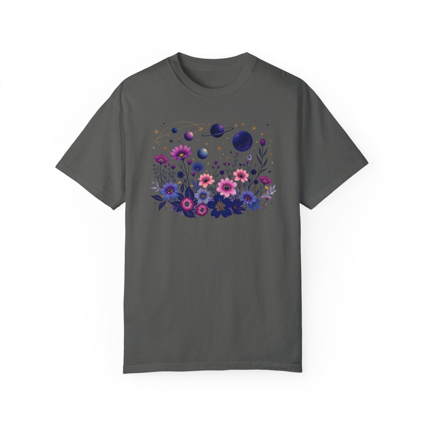 Cosmic Floral Unisex Garment-Dyed T-Shirt - Perfect for Nature Lovers & Stargazers