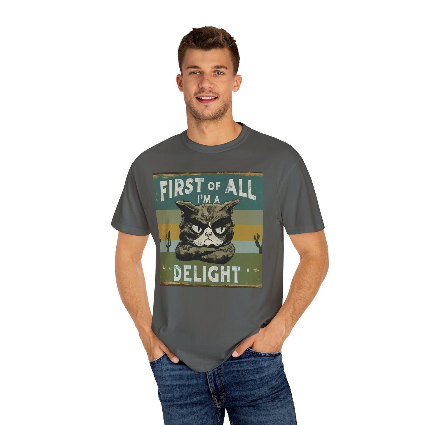 "First of All, I'm a Delight" Vintage Cat-Themed T-Shirt