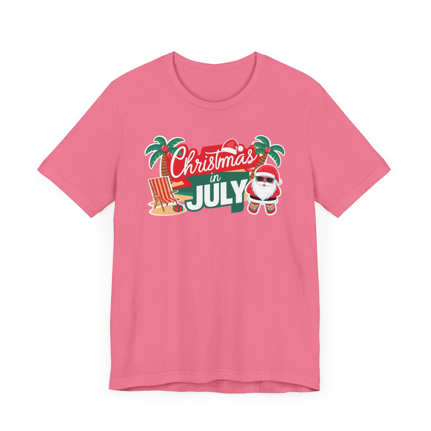 Tropical-themed t-shirts featuring the text "Christmas in July" with festive elements like palm trees, beach chairs, and a Santa.