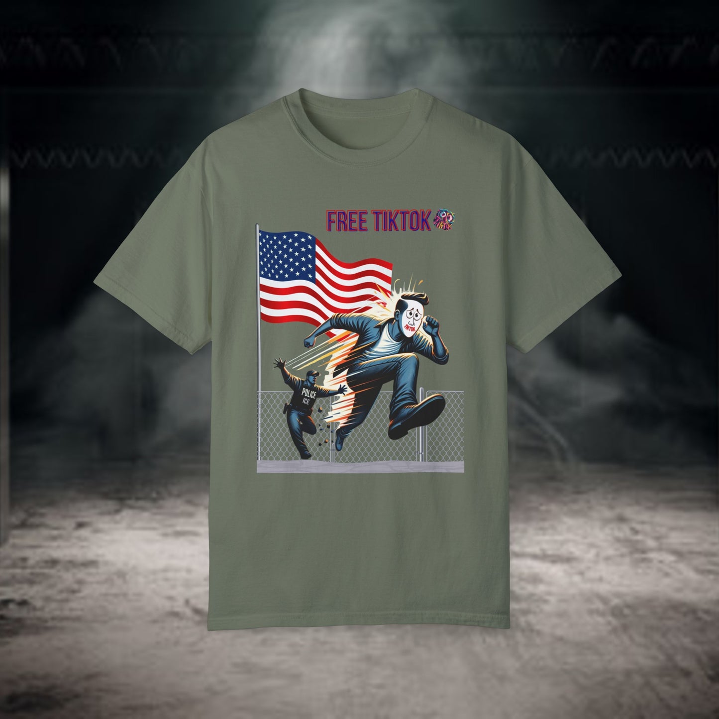 Rebellious "Free TikTok" vintage graphic tee featuring a masked figure escaping over a fence with the American flag in the background, perfect for making a bold and humorous statement with style.