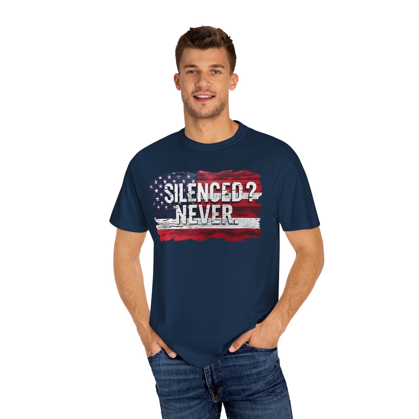 Silenced? Never. Patriotic T-Shirt with Vintage American Flag Design