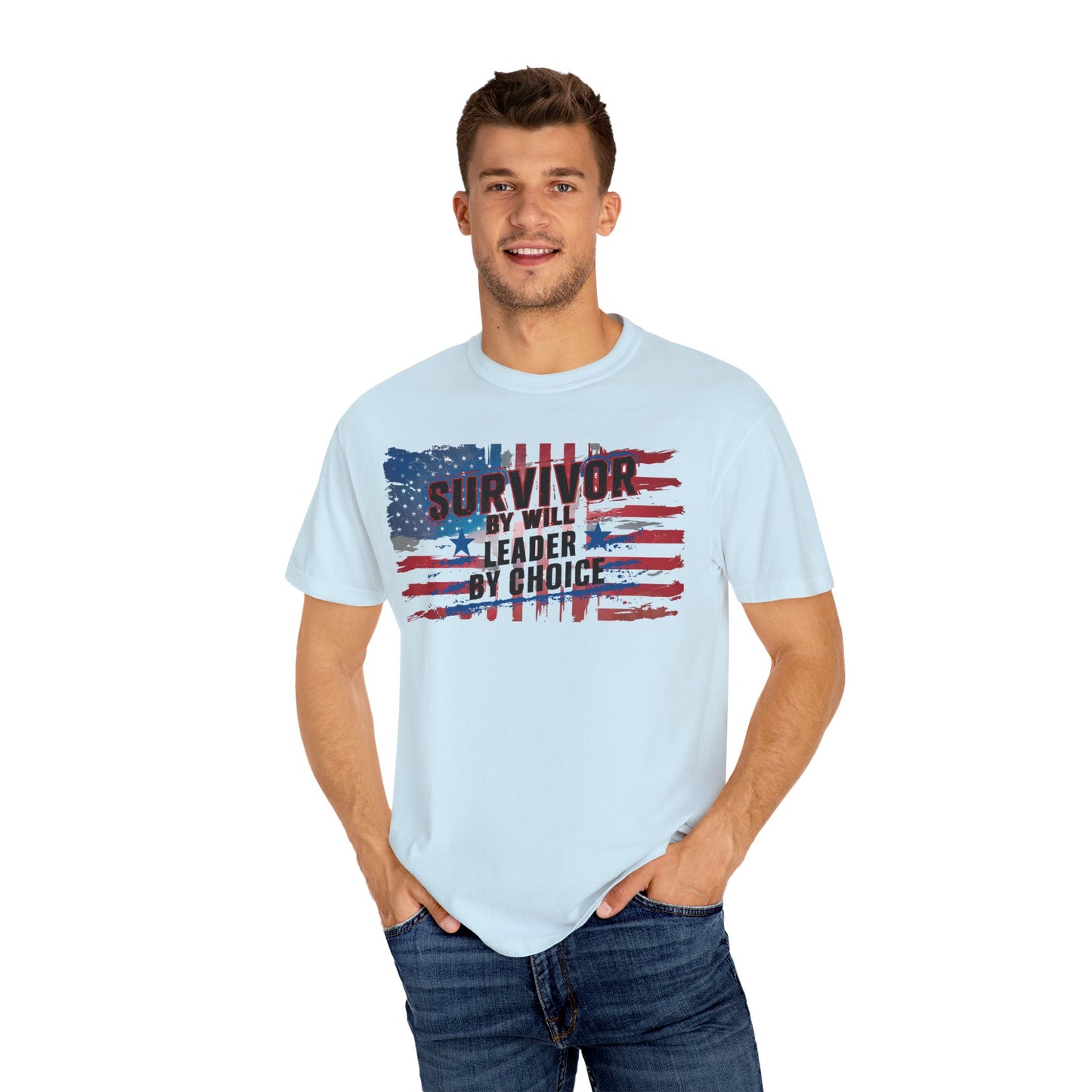 Patriotic T-Shirt - Survivor by Will, Leader by Choice | Vintage American Flag Design