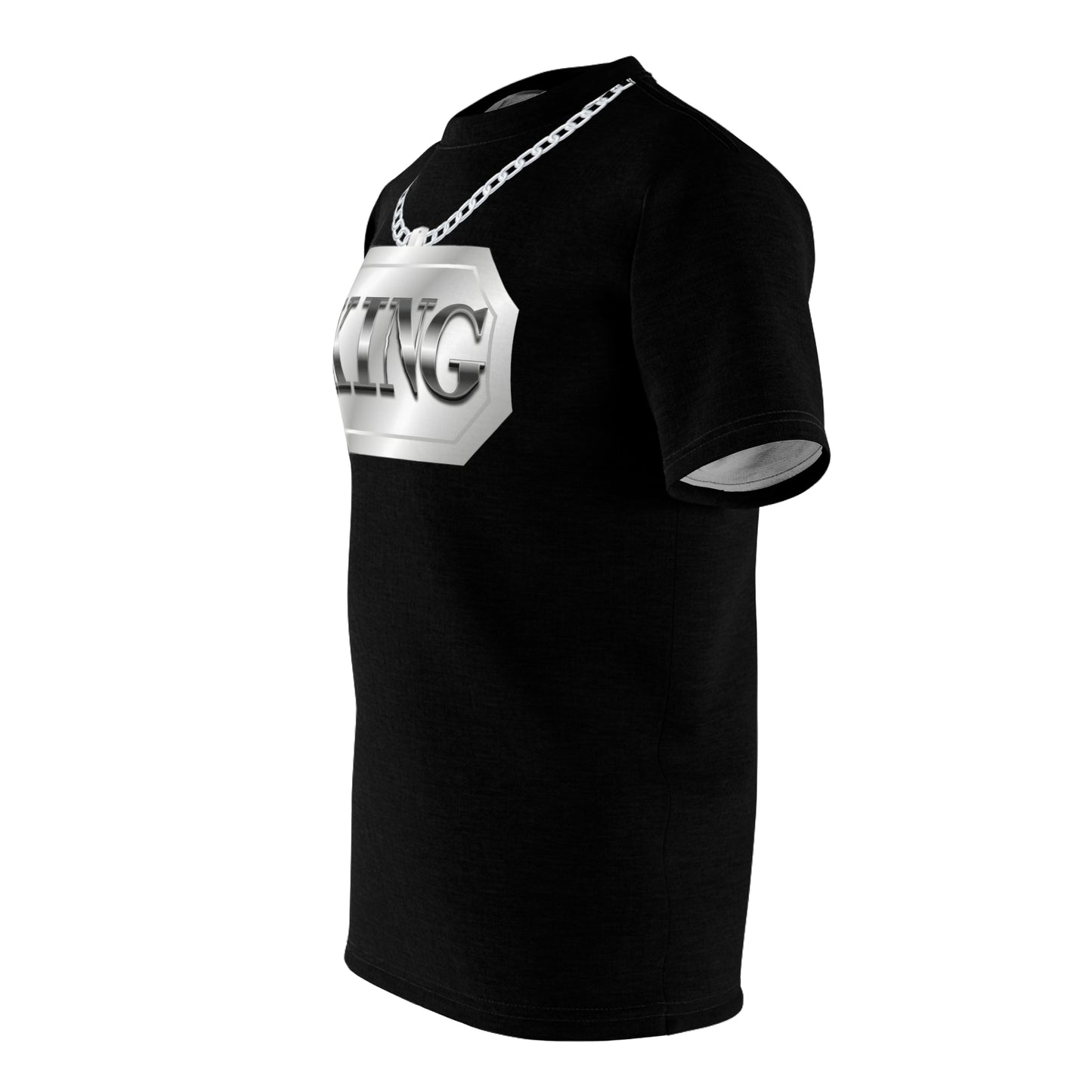 Black t-shirt featuring a bold "King" graphic with a chain design, creating a powerful and stylish look.