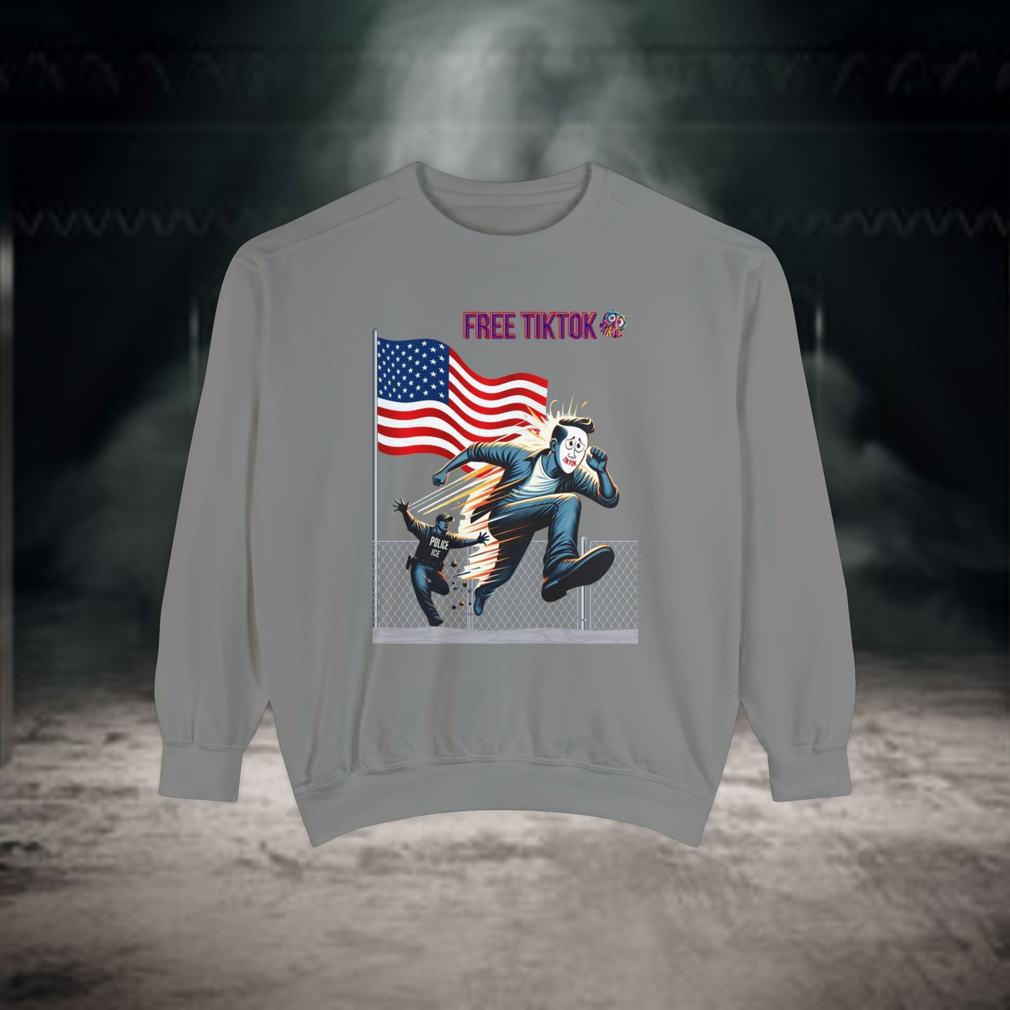 Bold "Free TikTok" vintage graphic sweatshirt featuring a dynamic illustration of a rebellious figure escaping over a fence with the American flag in the background, perfect for making a statement with style.