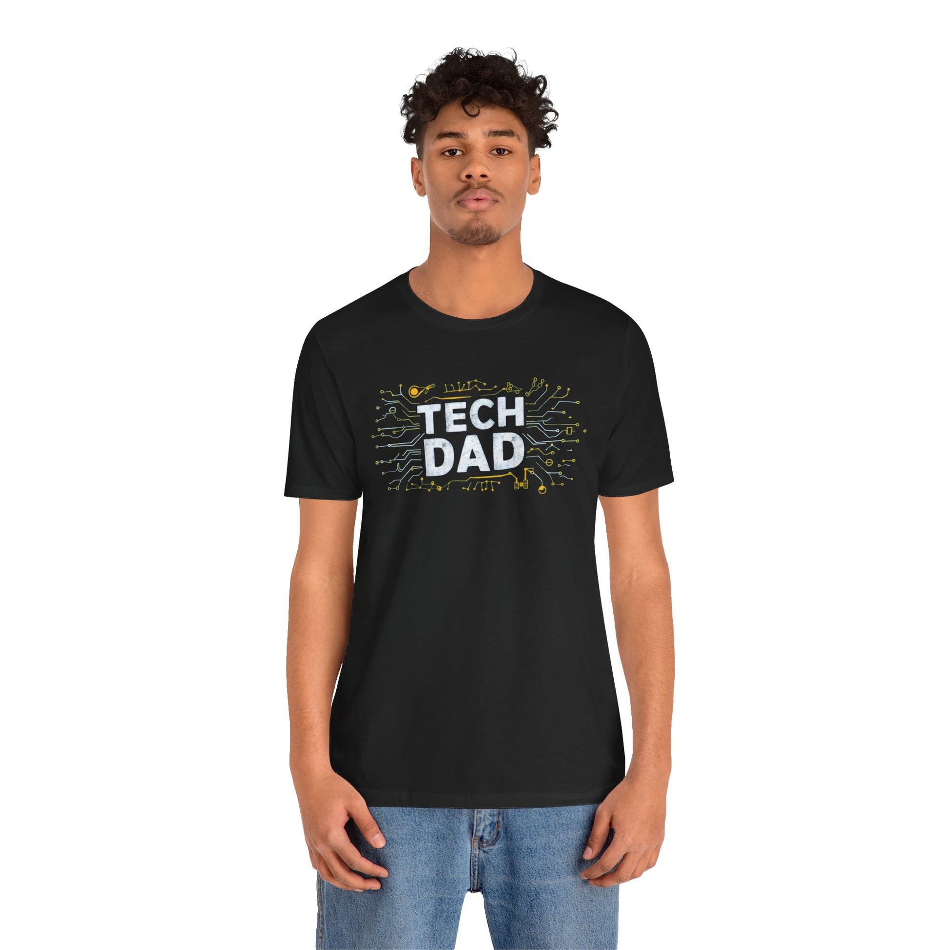 T-shirt with a bold 'Tech Dad' design, featuring a vibrant circuit board graphic, perfect for tech-savvy dads.