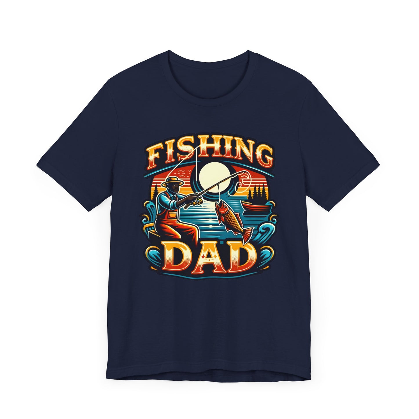 GOAT Dad Fishing T-Shirt featuring a silhouette of a dad fishing with the text 'GOAT' and a colorful fish design, perfect gift for dads who love fishing.