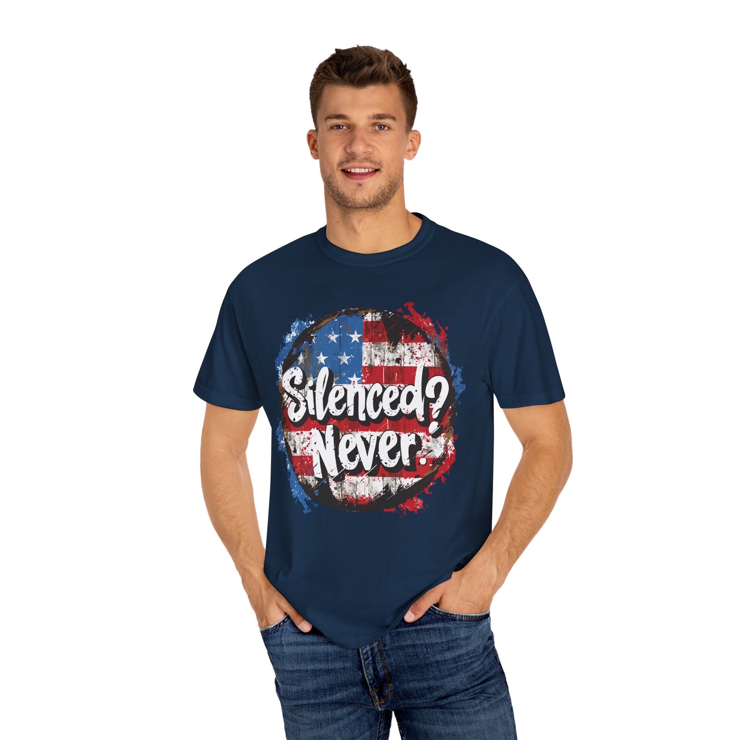 Silenced? Never. Patriotic T-Shirt with Vintage American Flag Design