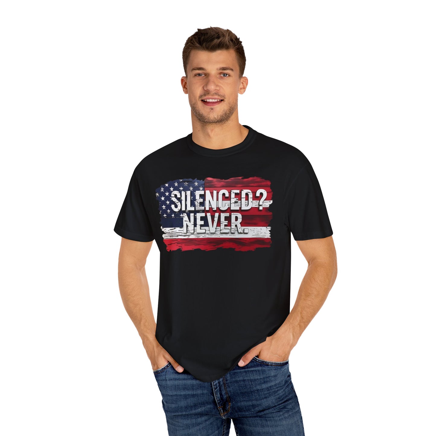 Silenced? Never. Patriotic T-Shirt with Vintage American Flag Design