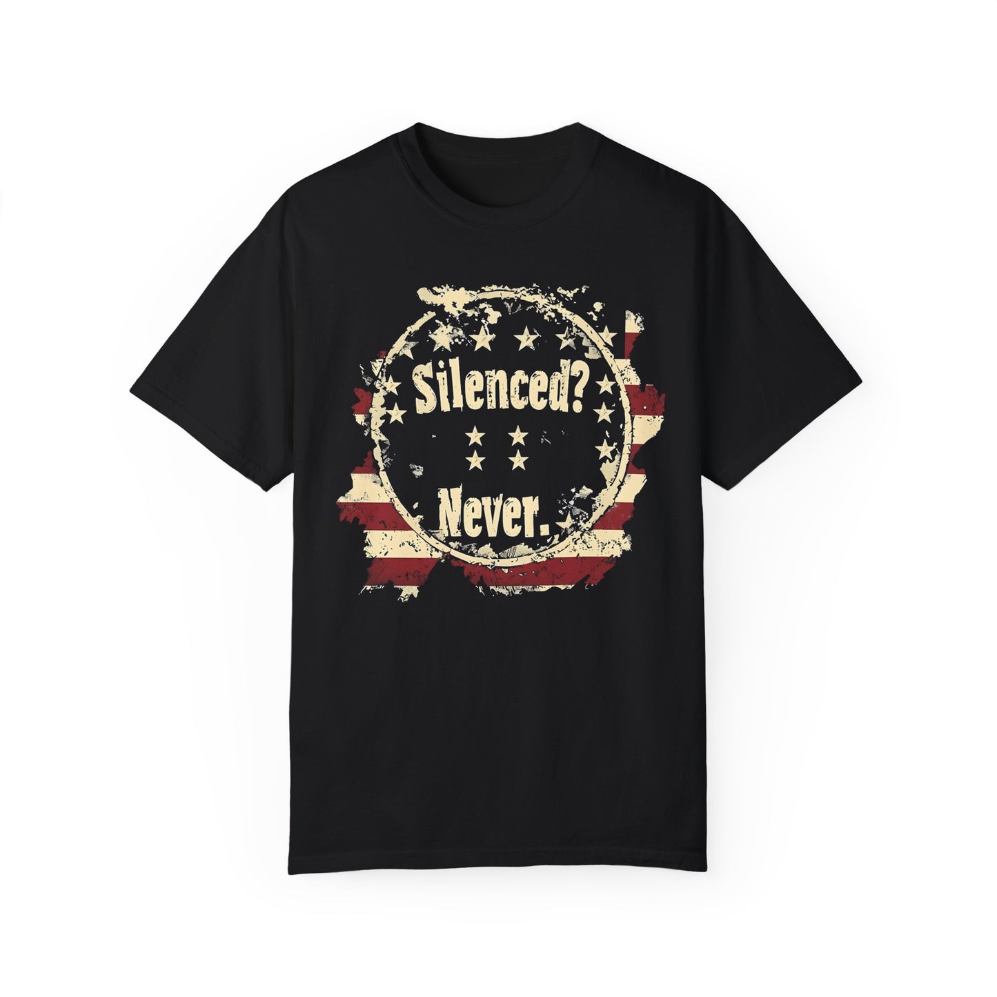 Silenced? Never. Patriotic T-Shirt with Vintage American Flag Design