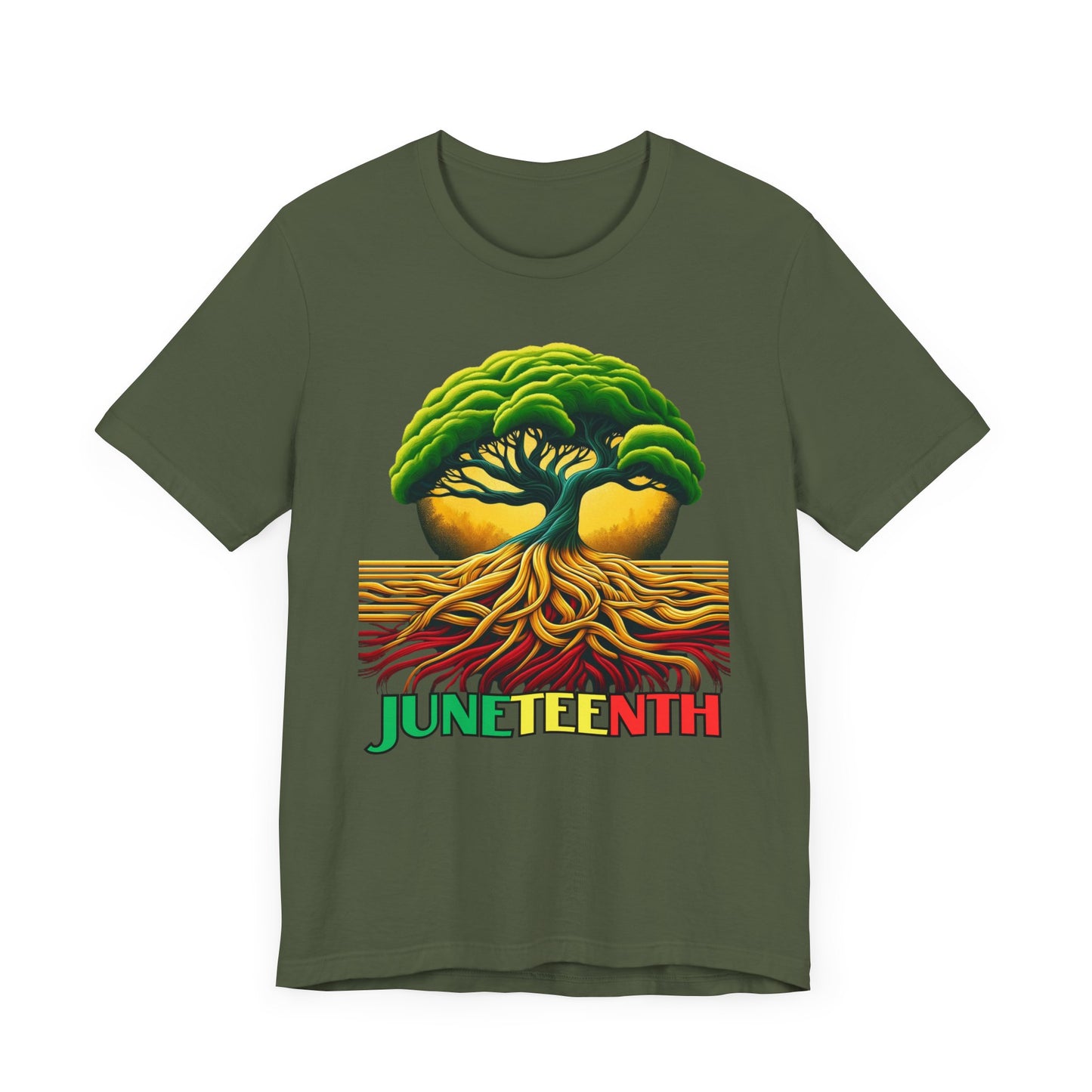 Bold 'Juneteenth Roots' Celebration Shirt featuring a vibrant tree with deep roots symbolizing strength and resilience, perfect for celebrating heritage and Black history.