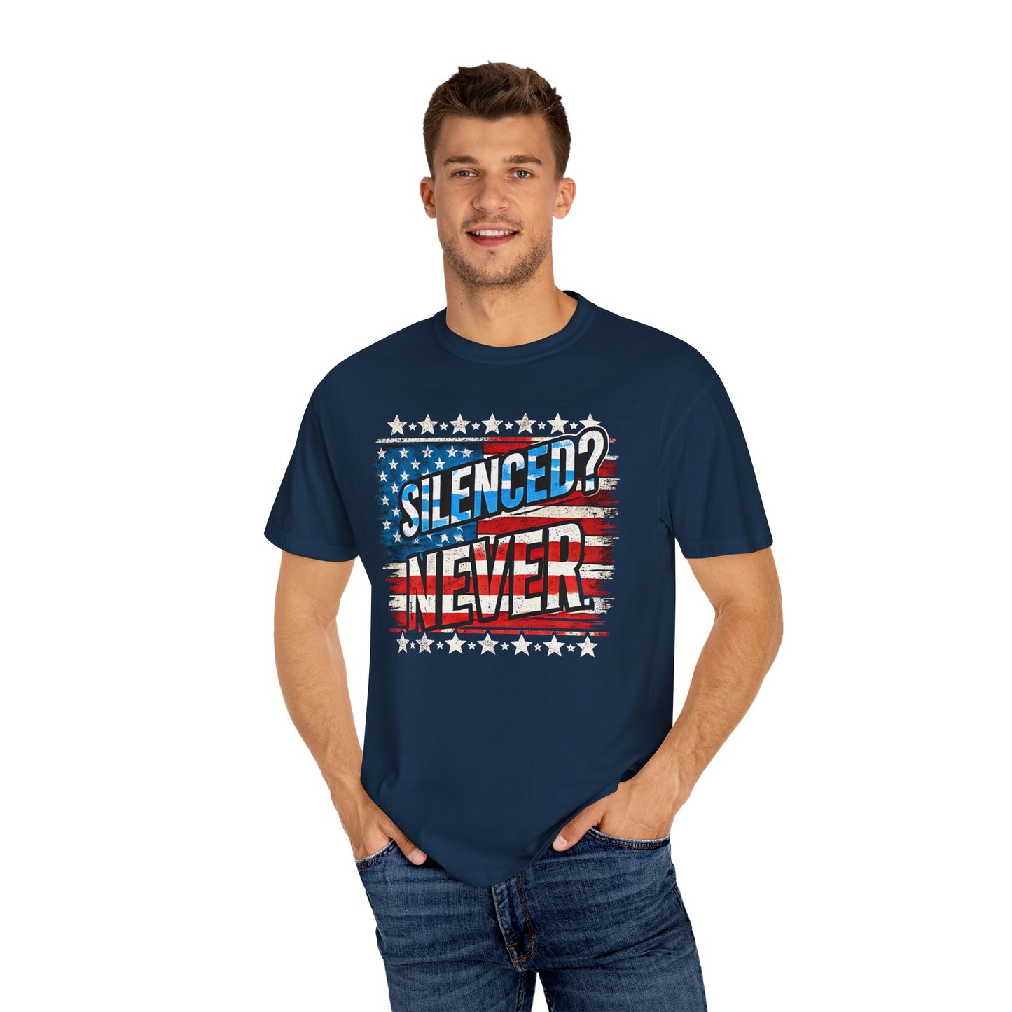 Silenced? Never. Patriotic T-Shirt with Vintage American Flag Design